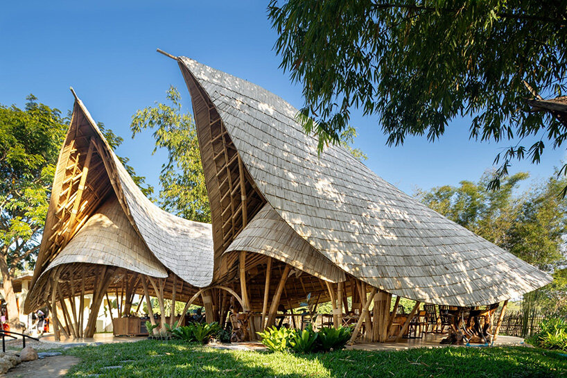 curved edges rise to form bull-like bamboo pavilion by chiangmai life architects in thailand