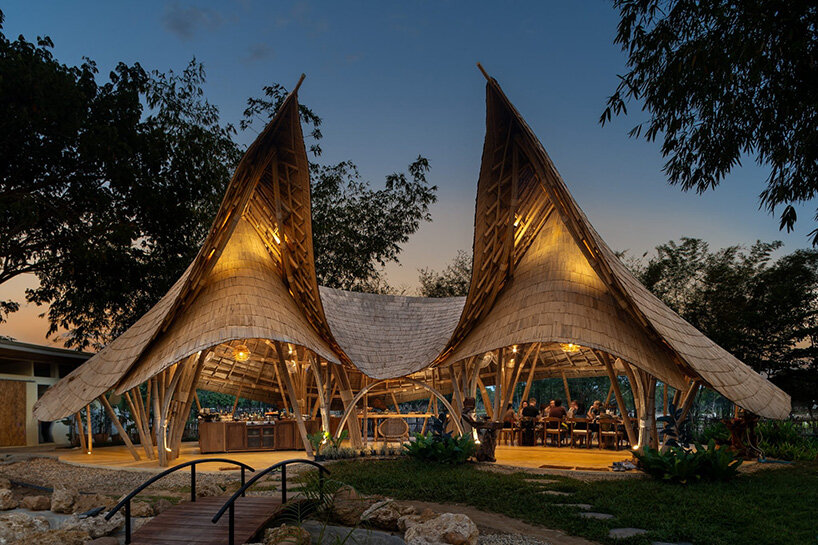 curved edges rise to form bull-like bamboo pavilion by chiangmai life architects in thailand