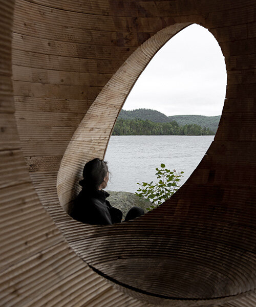 faire le vide: carved-out cedar cube installation dots remote island in quebec
