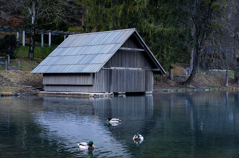 OFIS architects renovates boathouse in slovenia with rooftop garden that filters lake water