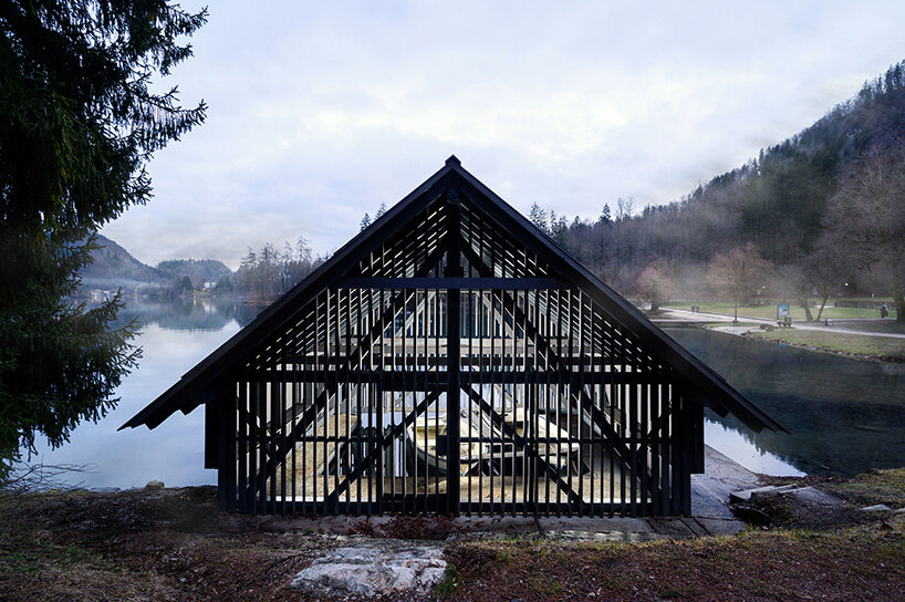 OFIS architects renovates boathouse in slovenia with rooftop garden that filters lake water