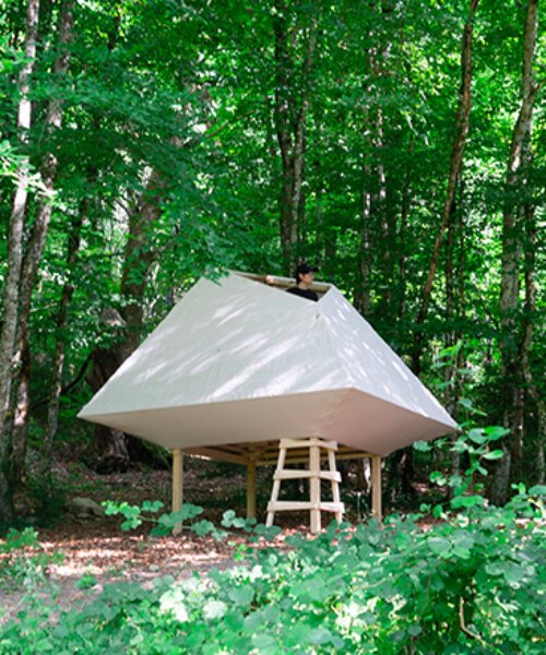 meaningless architecture's meditation cabin lights up like a lantern in french woodlands