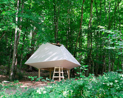meaningless architecture's meditation cabin lights up like a lantern in french woodlands
