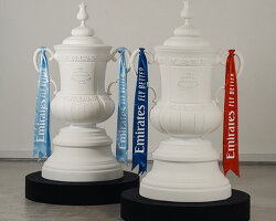 fans' inscriptions cover nigel VMU's six-foot sculptural cup trophy replicas for FA cup final