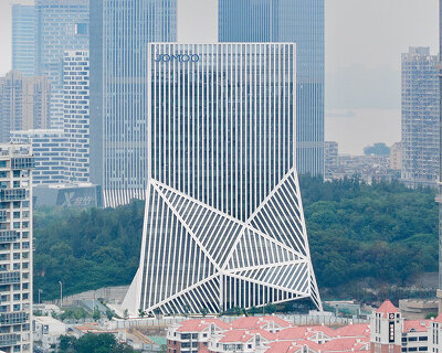 OMA completes JOMOO headquarters in china with sculptural white-striped tower