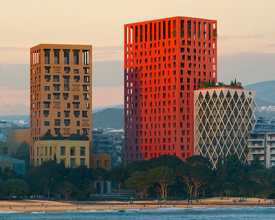 oppenheim architecture unveils all-red vlore beach tower as part of albania's coastal revival