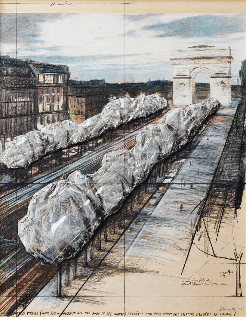 Christo, Wrapped Trees (App. 380 – Project for the Avenue des Champs Elysées and Rond Point des Champs Elysées in Paris), Collage, 1969, private collection | photo by Archive © 1969