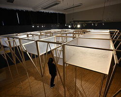 ryo yamada's site-specific timber installation visualizes future sea level at summerhall arts