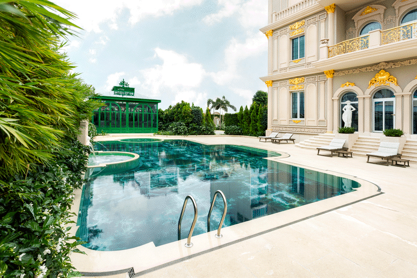 SICIS creates glowing swimming pool surface with decorative glass for cambodian villa