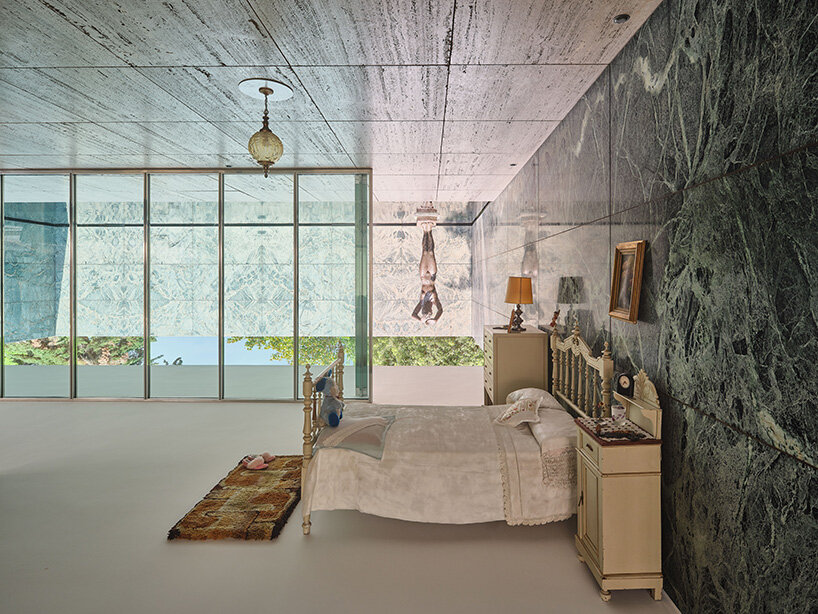 xevi bayona flips mies van der rohe's barcelona pavilion with ceiling-bound household relics