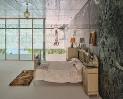 xevi bayona flips mies van der rohe's barcelona pavilion with ceiling-bound household relics