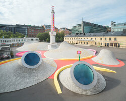 transparent happiness: yinka ilori transforms iconic mounds of helsinki's amos rex