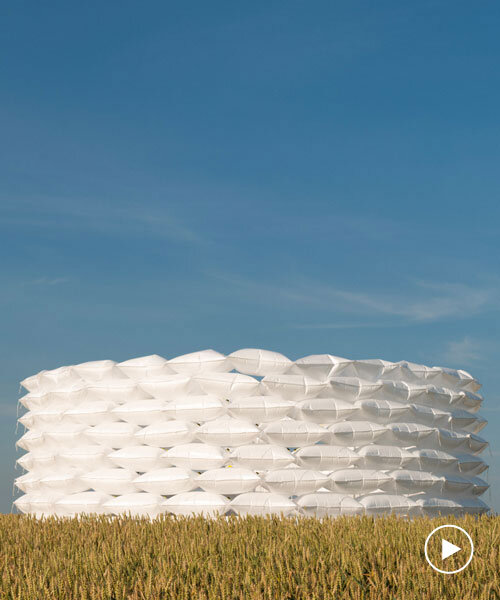 air-filled sandbag installation by gregory orekhov creates soft circular barricade in france