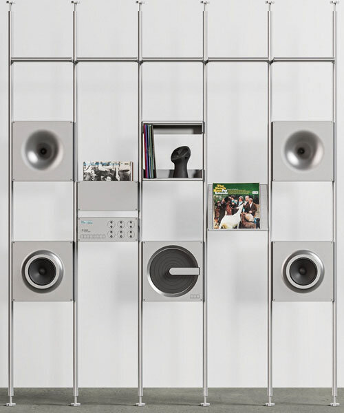 aluminum grid sound wall imagines modular speaker system as central furniture piece
