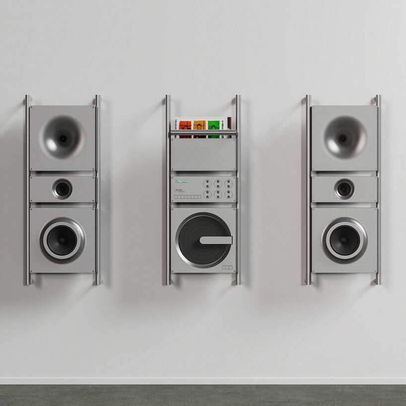 aluminum grid sound wall imagines modular speaker system as central furniture piece