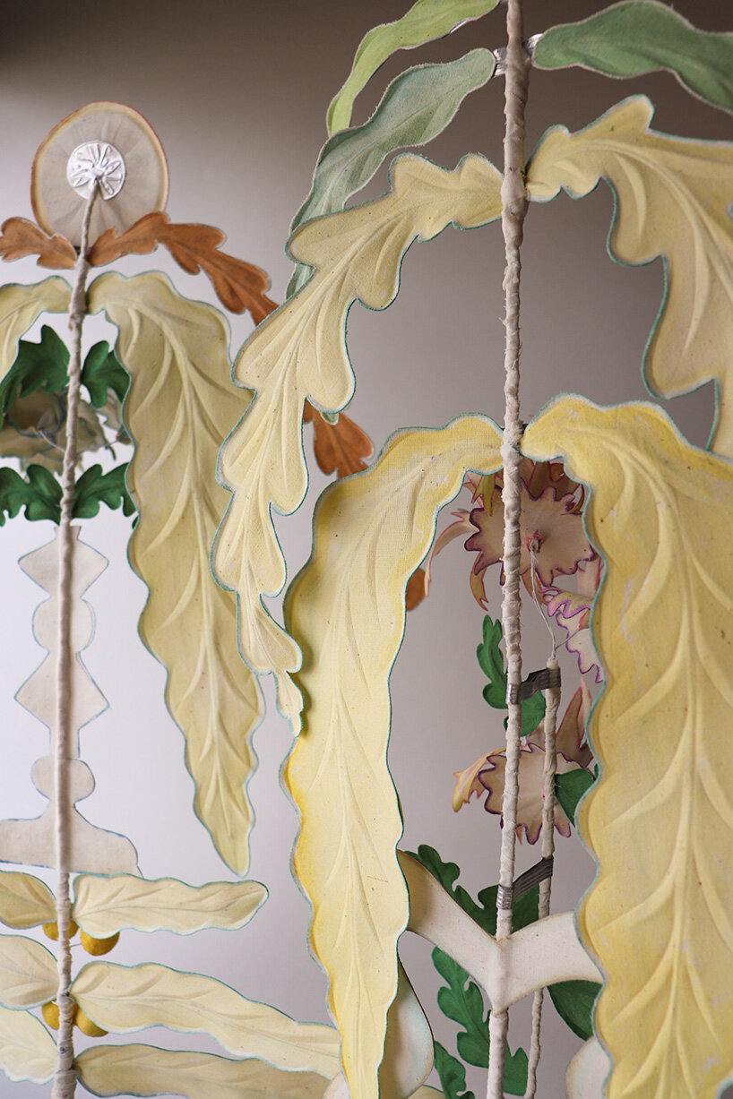 botanical sculptures by mona sugata grow from untreated cotton fabric and slow gestures