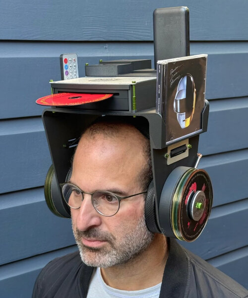 headphones carry CD player, remote and jewel case above user’s head for on-the-go music