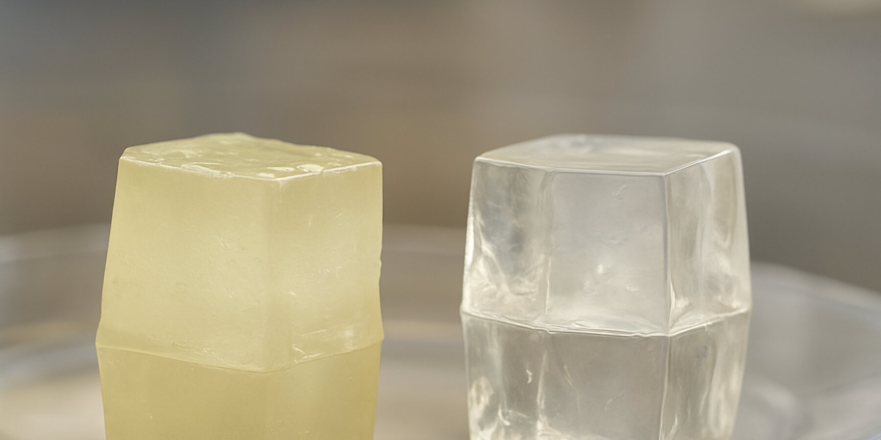 The image shows two translucent cubes placed side by side on a smooth surface, likely glass. The cube on the left has a yellowish tint, while the one on the right is clear and colorless. Both cubes have sharp, well-defined edges and appear to be solid, with a slightly glossy or wet surface texture.