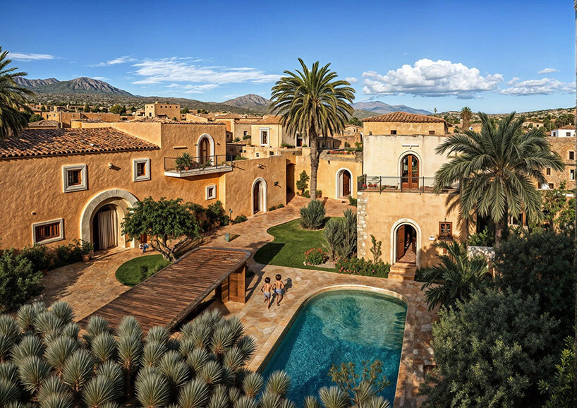 stone walls and reflecting pools shape renovated residential complex in crete by VAstudio