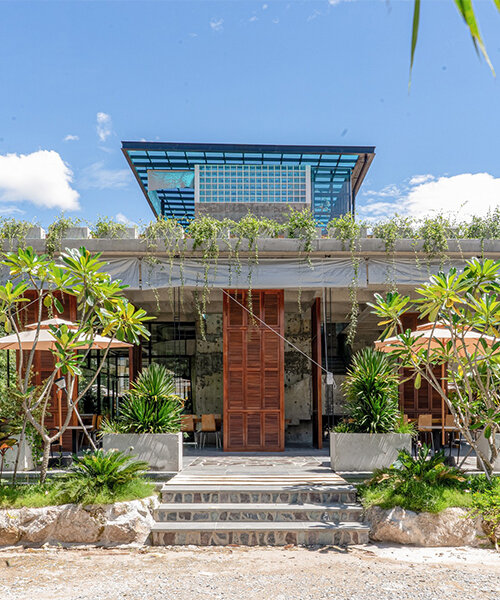 unfinished concrete structure turns into nature-filled tropical café in cambodia