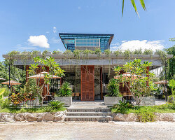 unfinished concrete structure turns into nature-filled tropical café in cambodia