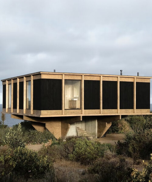 wooden beams sit atop concrete spiral staircase in lote studio’s elevated casa CG in chile