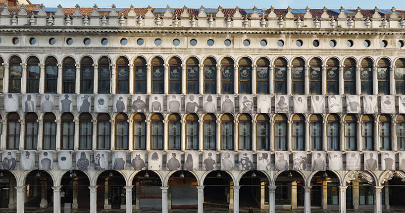100 large-scale migrant portraits transform venice's iconic procuratie facade