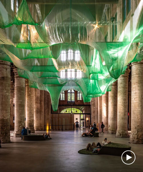 fabric and sound art installations evoke underwater landscape within gothic dutch church