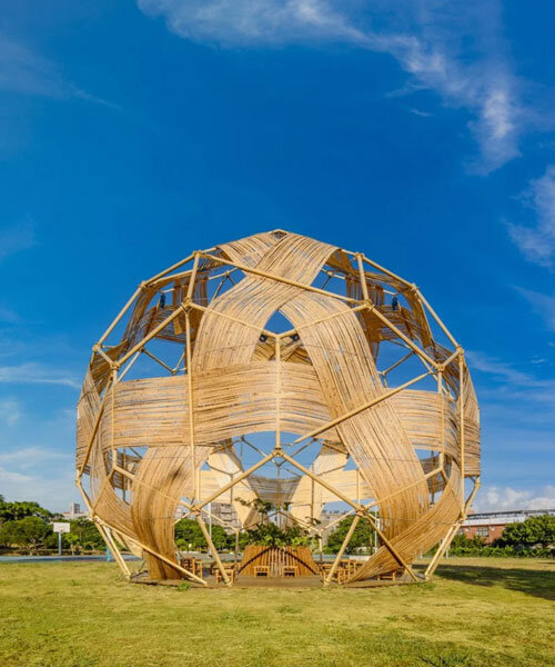 bamboo-woven spherical installation by cheng tsung feng shapes meeting dome in taiwan