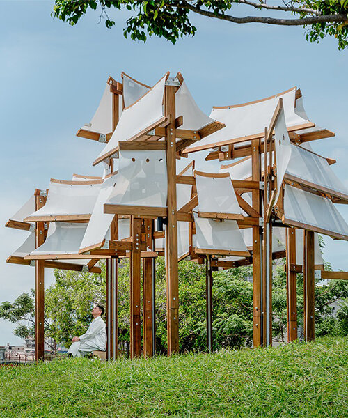 cheng tsung feng's timber installation reimagines taiwanese architecture as a seafaring fleet