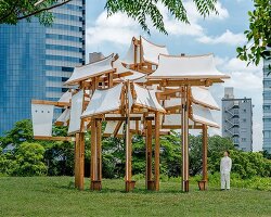 cheng tsung feng's timber installation reimagines taiwanese architecture as a seafaring fleet