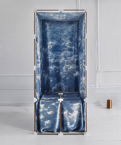modular brass grid chair draped in velvet replicates coreless exoskeleton skyscrapers