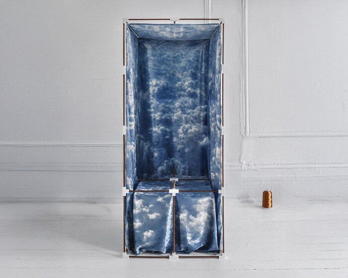 modular brass grid chair draped in velvet replicates coreless exoskeleton skyscrapers