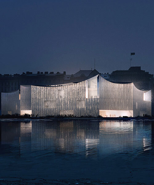 textured glass skin forms into curved roof for cossement cardoso's helsinki museum concept