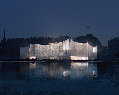 textured glass skin forms into curved roof for cossement cardoso's helsinki museum concept