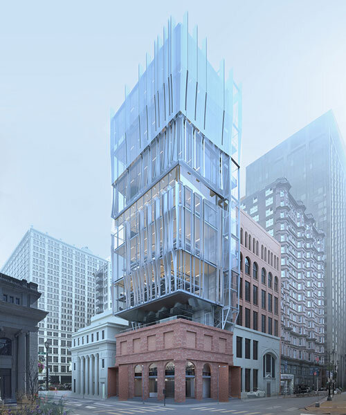 perforated metal panels clad office floating above st. louis's century-old columbia building
