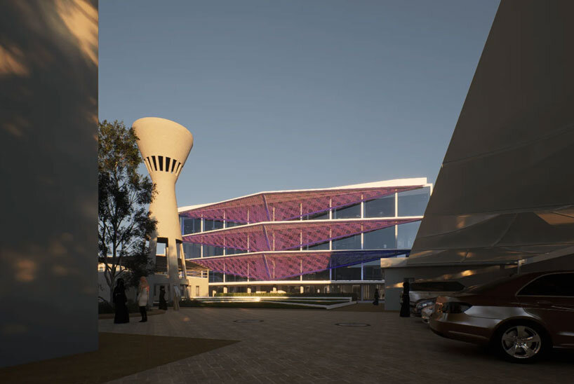 El patrón de parámetro Batik rastrea la fachada del consulado indonesio en Jeddah, Arabia Saudita