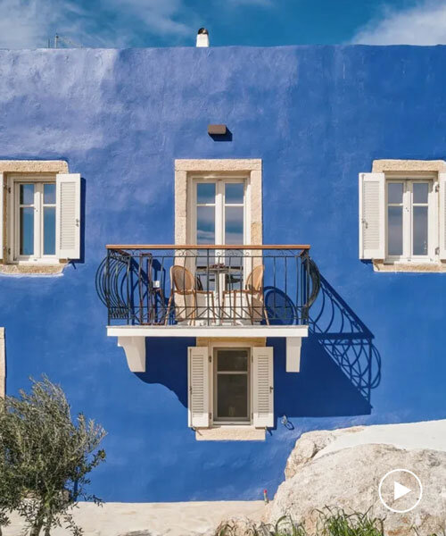 vibrant blue facade brings new life to the monk retreat on leros island, greece