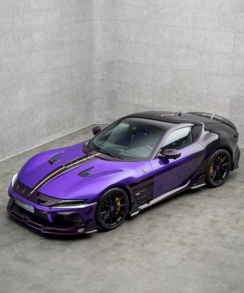 mansory converts ferrari 12cilindri into purple equestre sports car with illuminated logo