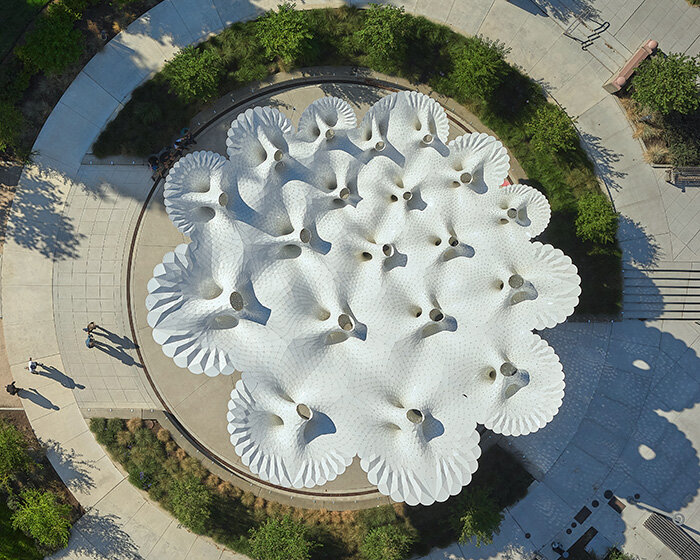 MARC FORNES / THEVERYMANY folds 6,665 aluminum parts into umbrella-like canopy