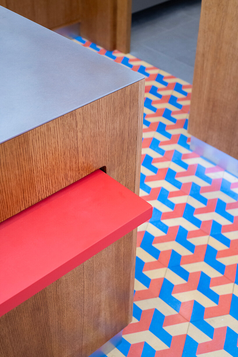 parisian patisserie ABRA frames pastries against geometric floors and bold primary colors