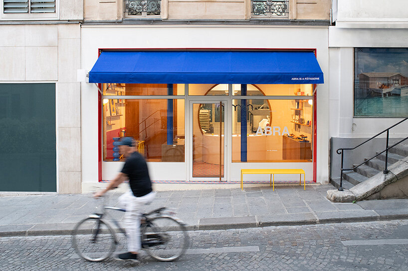 parisian patisserie ABRA frames pastries against geometric floors and bold primary colors