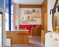 parisian patisserie ABRA frames pastries against geometric floors and bold primary colors