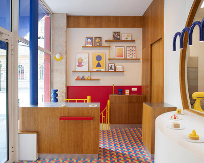 parisian patisserie ABRA frames pastries against geometric floors and bold primary colors