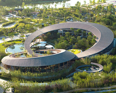 tianfu habitat pavilion: two ring-shaped rooftops form interlocking gardens in chengdu