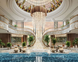 brass, marble, quartz details ornament studia 54's interiors within skyscraper in india