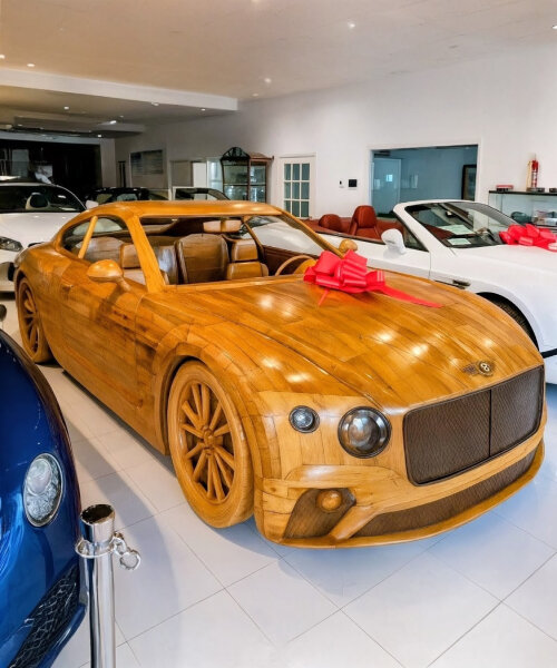 wooden bentley continental GT replicates the original car with sculpted gauges and speakers