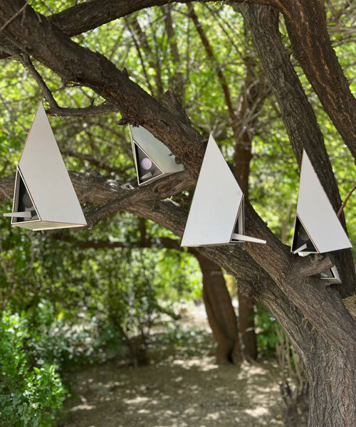 wooden pyramid nests shape flexible birdhouse systems adapting to trees and buildings