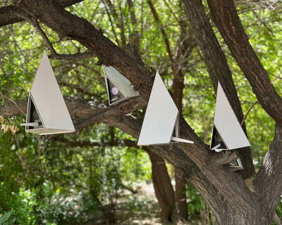 wooden pyramid nests shape flexible birdhouse systems adapting to trees and buildings
