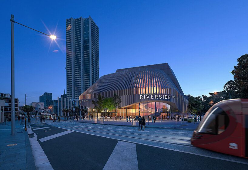 3XN y COX planean un teatro de madera retorcida junto al río para Sydney, Australia